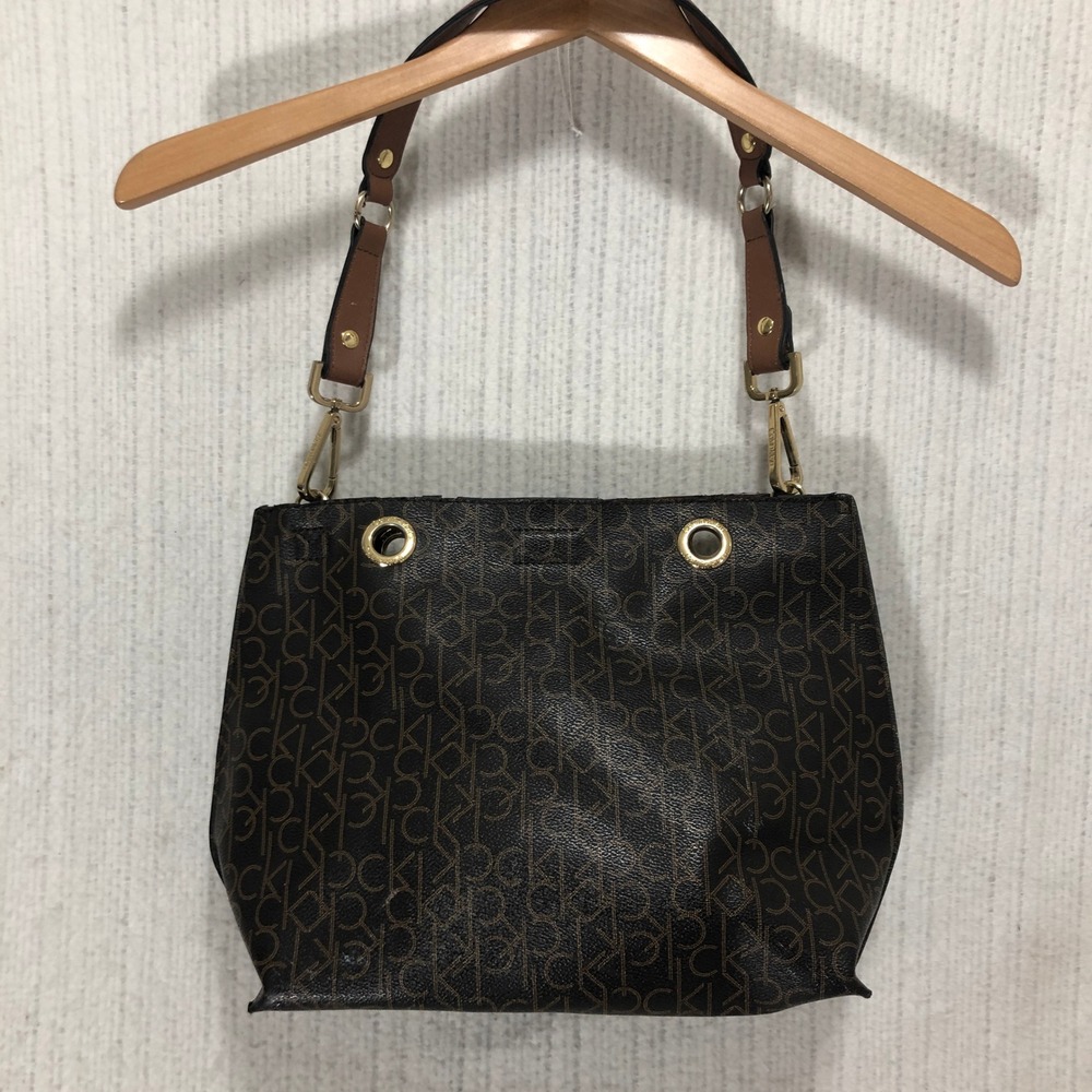 Calvin Klein Monogram Bucket Bag Tote Purse Dark Brown Gold Hardware‎